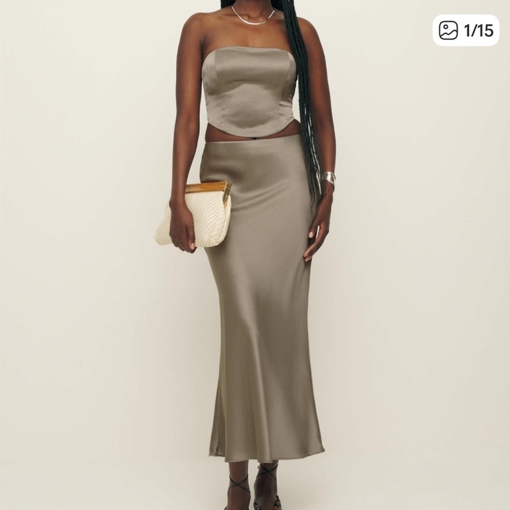 Reformation Zia Satin Midi Skirt Set Taupe crop mini blouse skirt set size 6 nwt